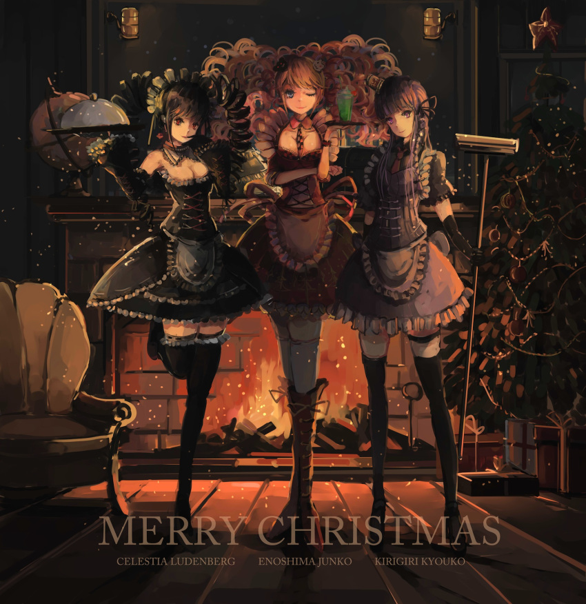 3girls, black_hair, black_legwear, blue_eyes, boots, braid, celestia_rudenberk, christmas