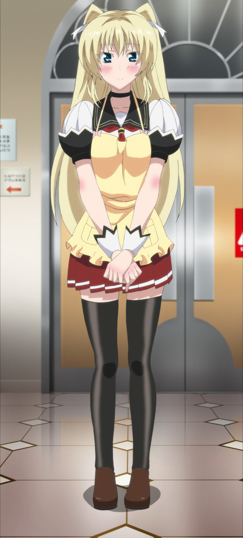 1girl, absurdres, airi_altinate, apron, aqua_eyes, blonde_hair, blush, highres