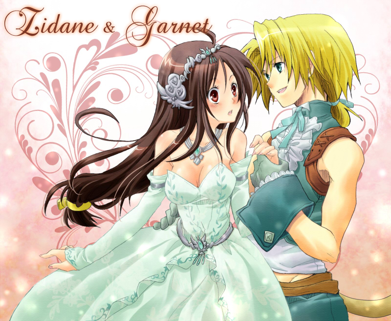 1girl, breasts, brown_eyes, brown_hair, cleavage, couple, dress, final_fantasy