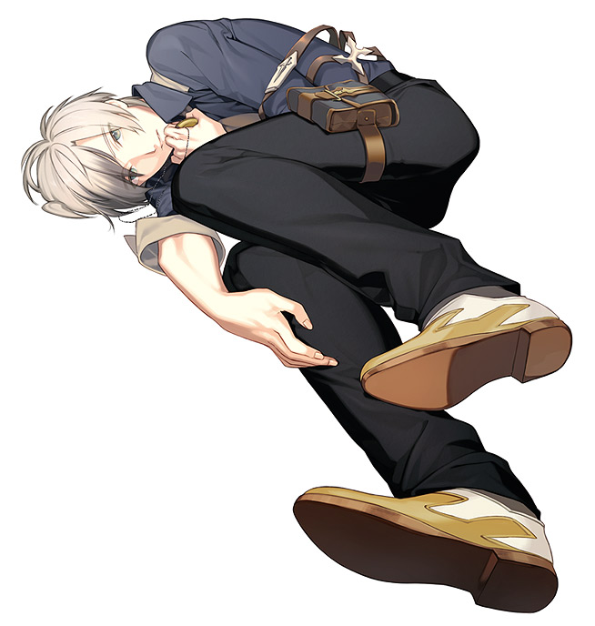 1boy, akiyoshi_haru, gradient_hair, green_eyes, grey_hair, jewelry, ludger_will_kresnik, lying, male, multicolored_hair, on_side, pants, pendant, shirt, shoes, solo, tales_of_(series), tales_of_xillia, tales_of_xillia_2, white_background, white_hair