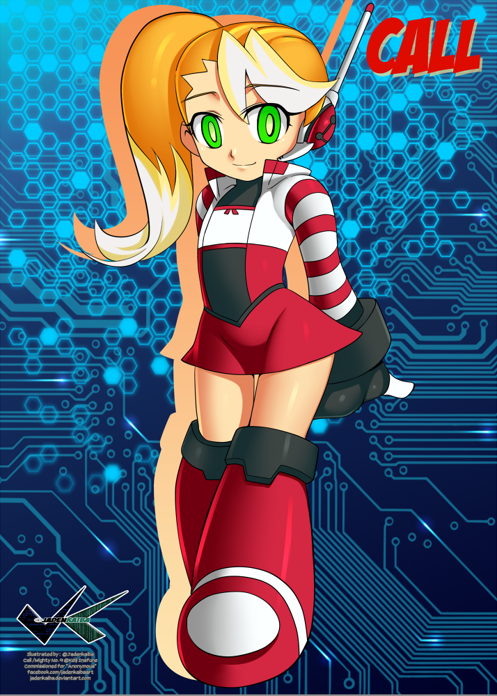 1girl, arms_behind_back, blonde_hair, boots, call_(ishikawa_hideki), call_(mighty_no._9), call_(natsume_yuuji), flat_chest