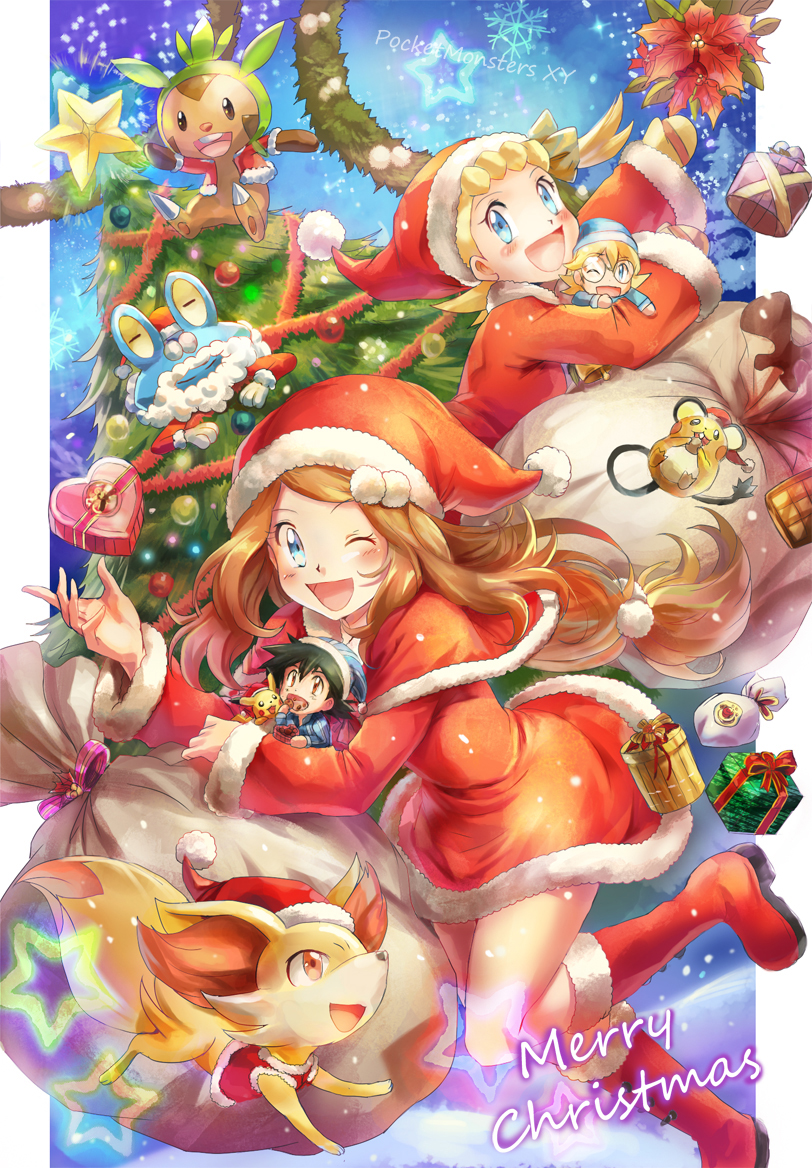 2boys, 2girls, blonde_hair, blush, boots, brown_hair, chespin, chibi
