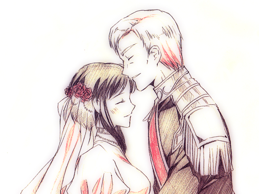 1492egg, 1boy, 1girl, black_hair, bridal_veil, closed_eyes, cornelius_lutz, couple