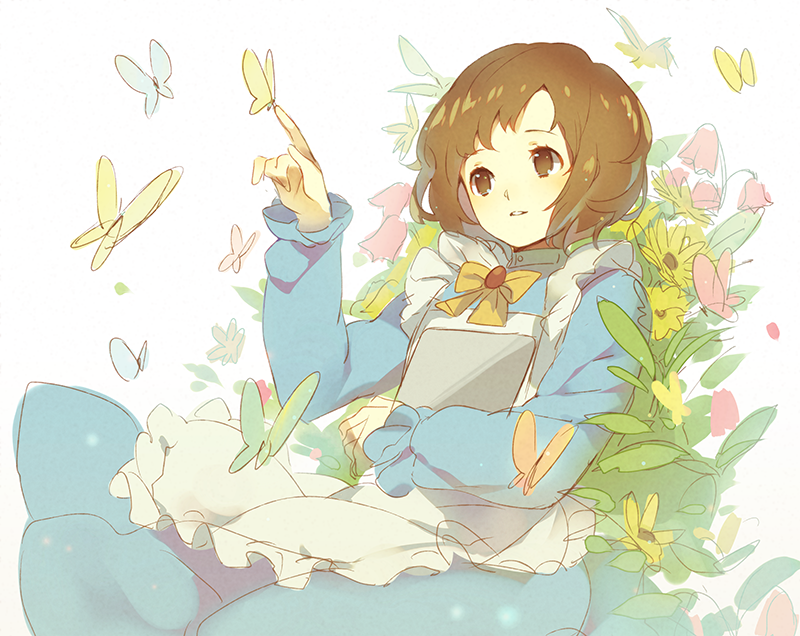 1girl, apron, book, bow, brown_eyes, brown_hair, butterfly, dress, elli_(harvest_moon), flower, harvest_moon, rough, short_hair, solo, weee_(raemz)