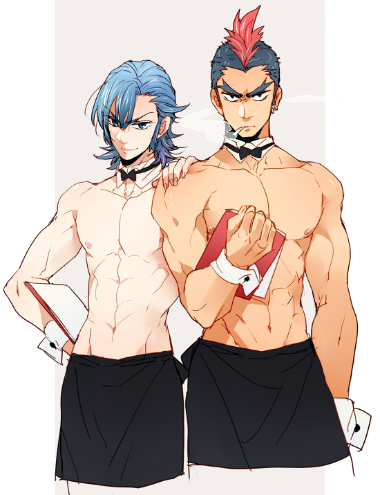 2boys, abs, apron, blue_hair, bowtie, cigarette, eyebrows, hand_on_another's_shoulder