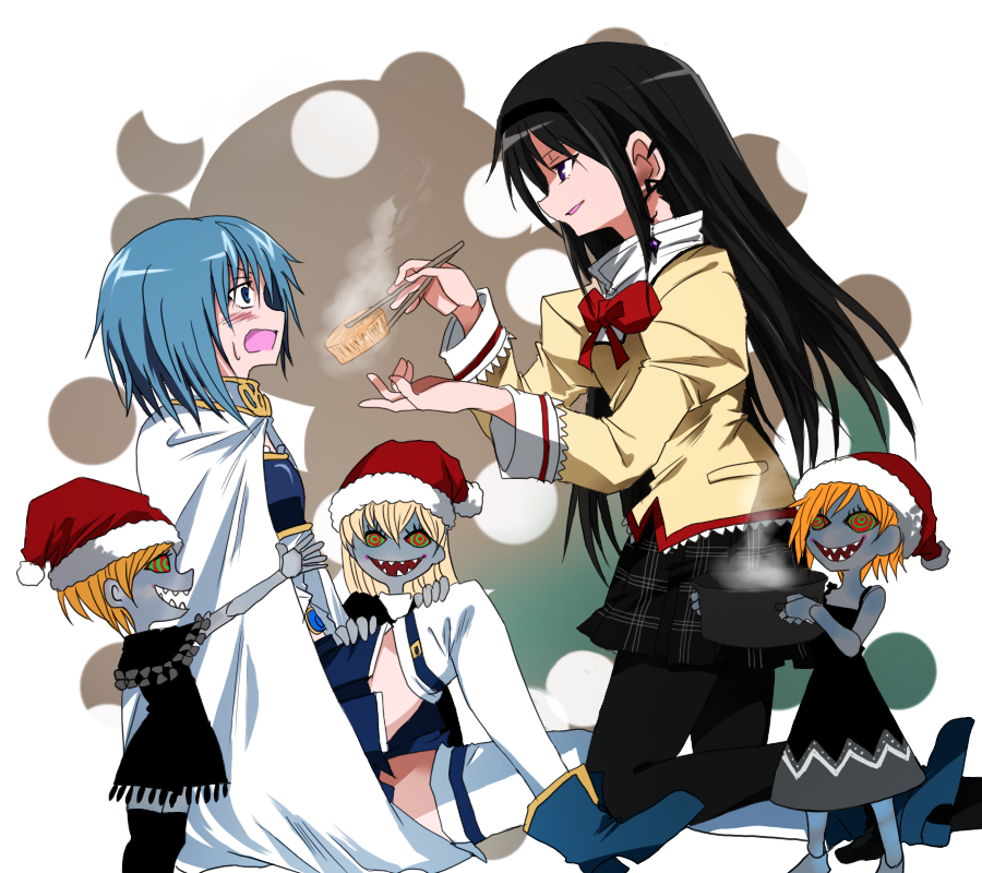 2girls, akemi_homura, black_hair, blue_eyes, blue_hair, cape, children_of_the_fake_city, chopsticks