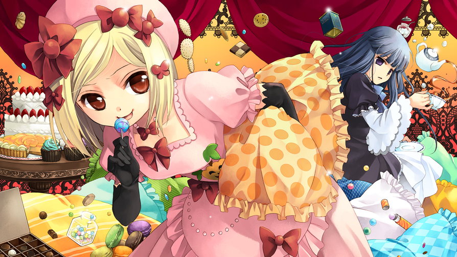 2girls, :p, black_gloves, blonde_hair, blue_hair, bow, cake, candy