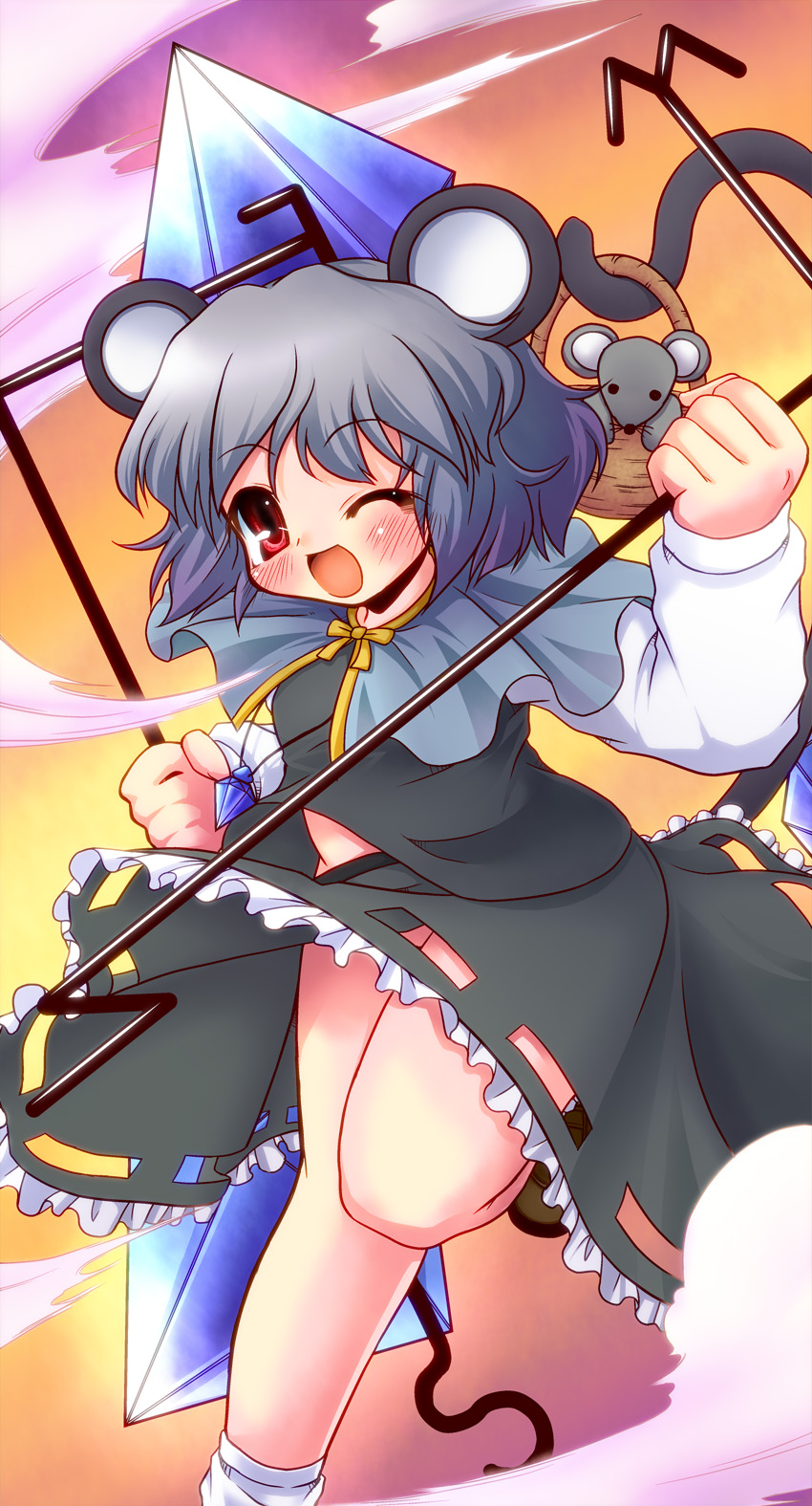 basket, crystal, dowsing_rod, dress, grey_hair, highres, iwanosuke, jewelry