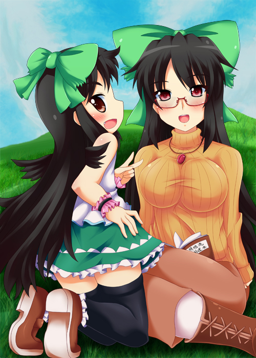 2girls, alternate_costume, bare_shoulders, black_legwear, blush, book, bow, breasts