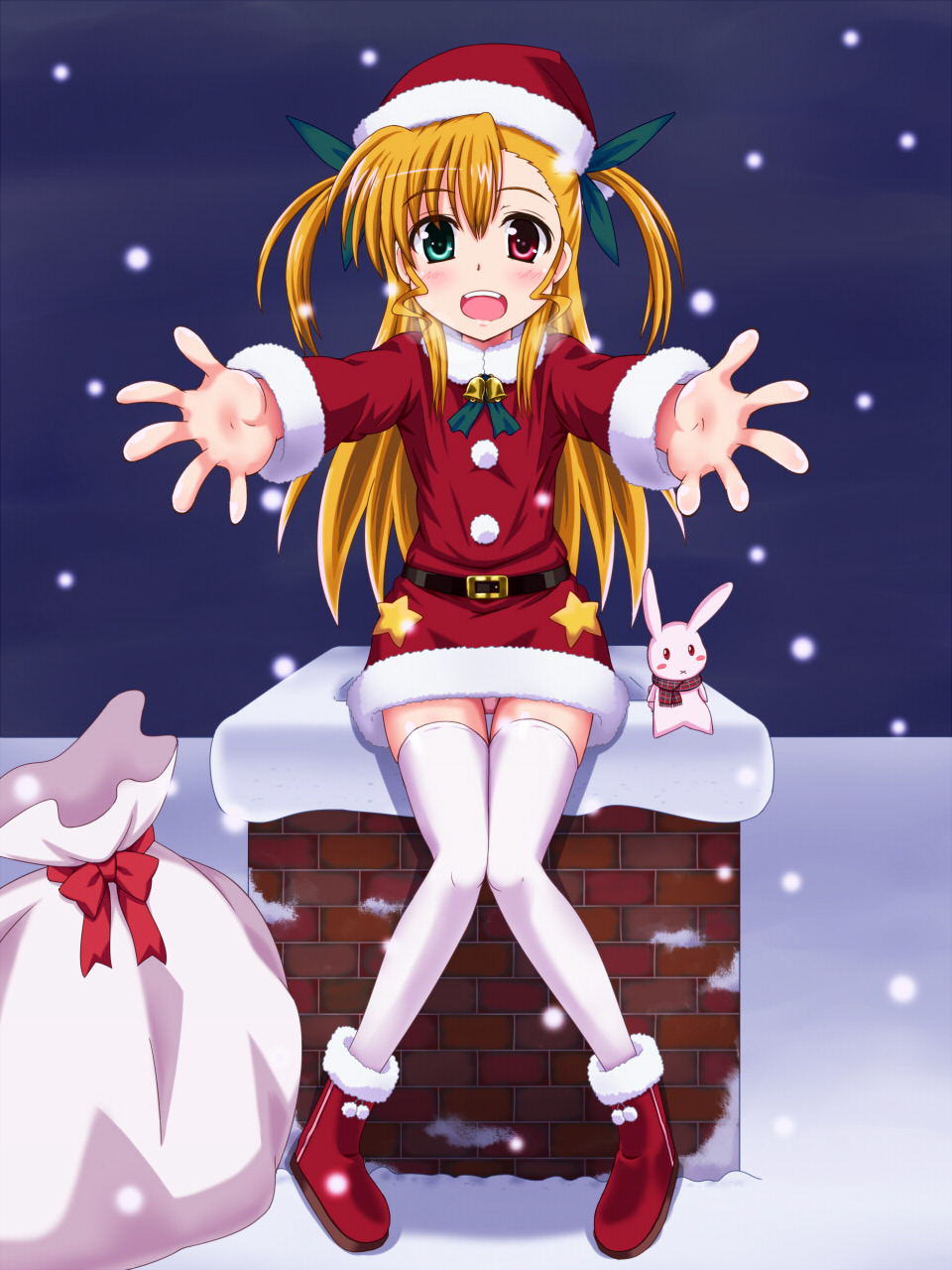 1girl, bell, blonde_hair, blush_stickers, buckle, chimney, christmas, foreshortening