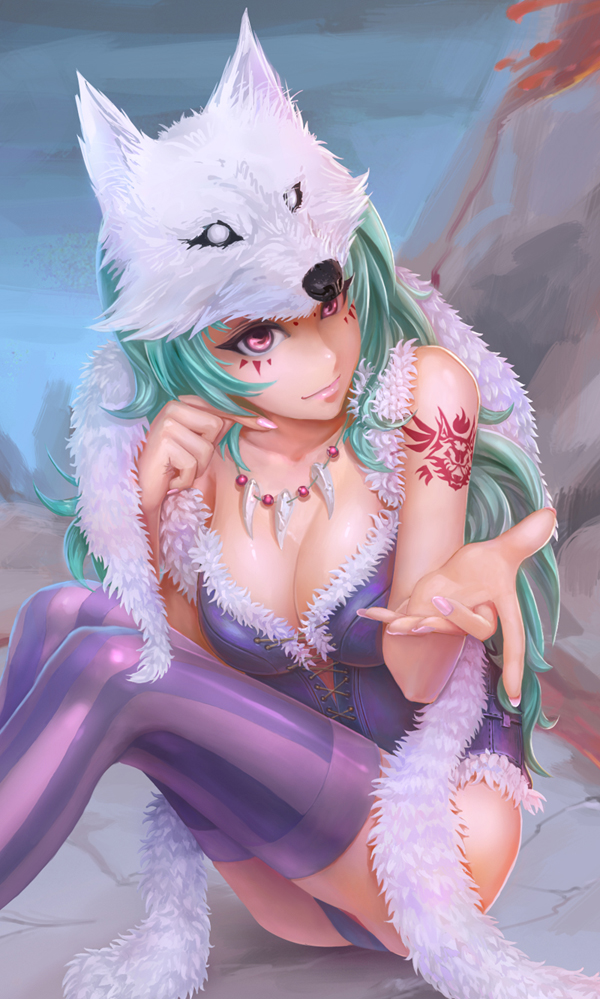 1girl, green_hair, ioio_ontop, red_eyes, tattoo, thighhighs