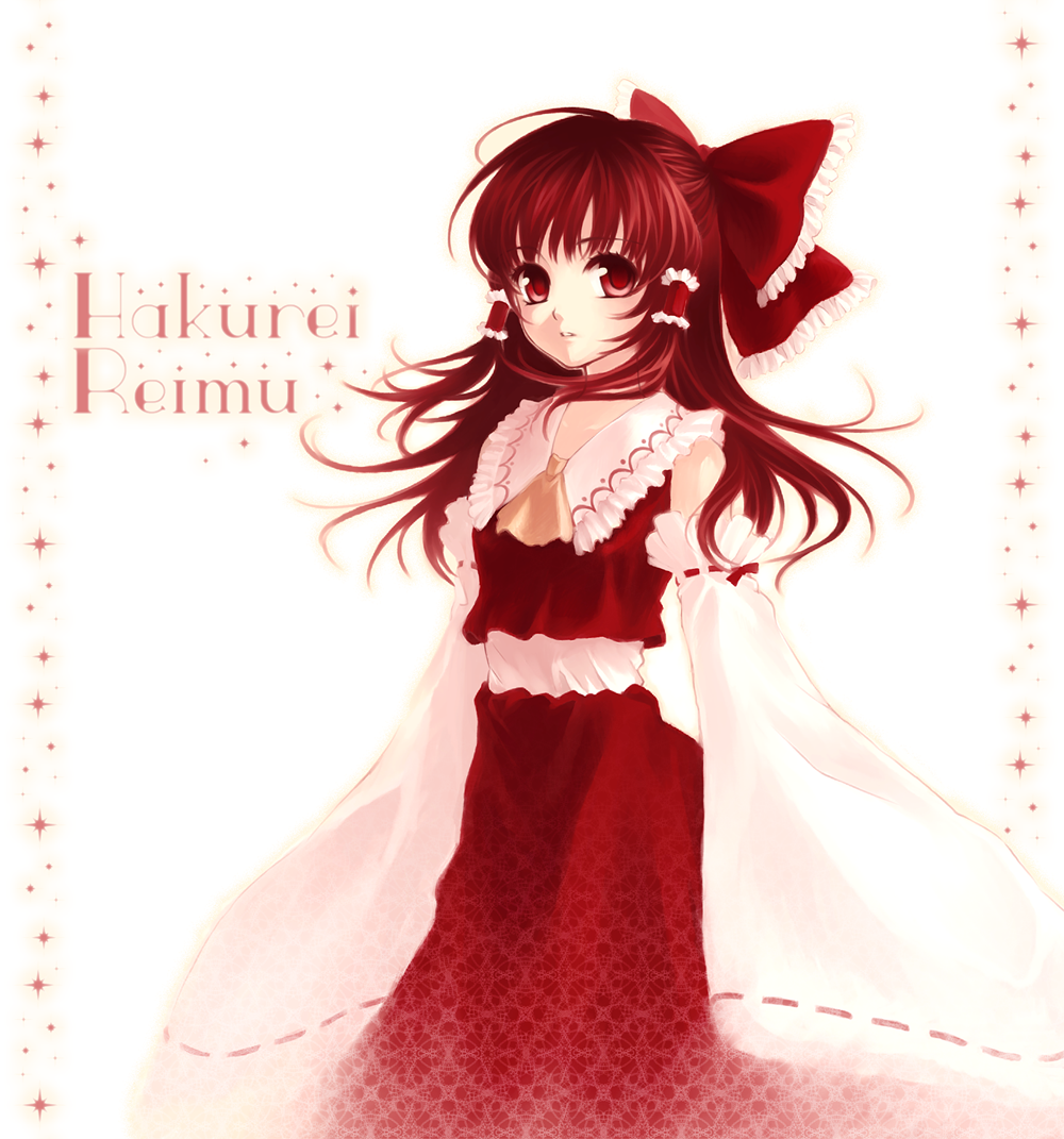 1girl, bad_id, bow, brown_hair, character_name, detached_sleeves, hair_bow, hair_tubes, hakurei_reimu, koyuki_(artist), koyuki_(rico), red_eyes, red_hair, short_hair, solo, touhou, wide_sleeves