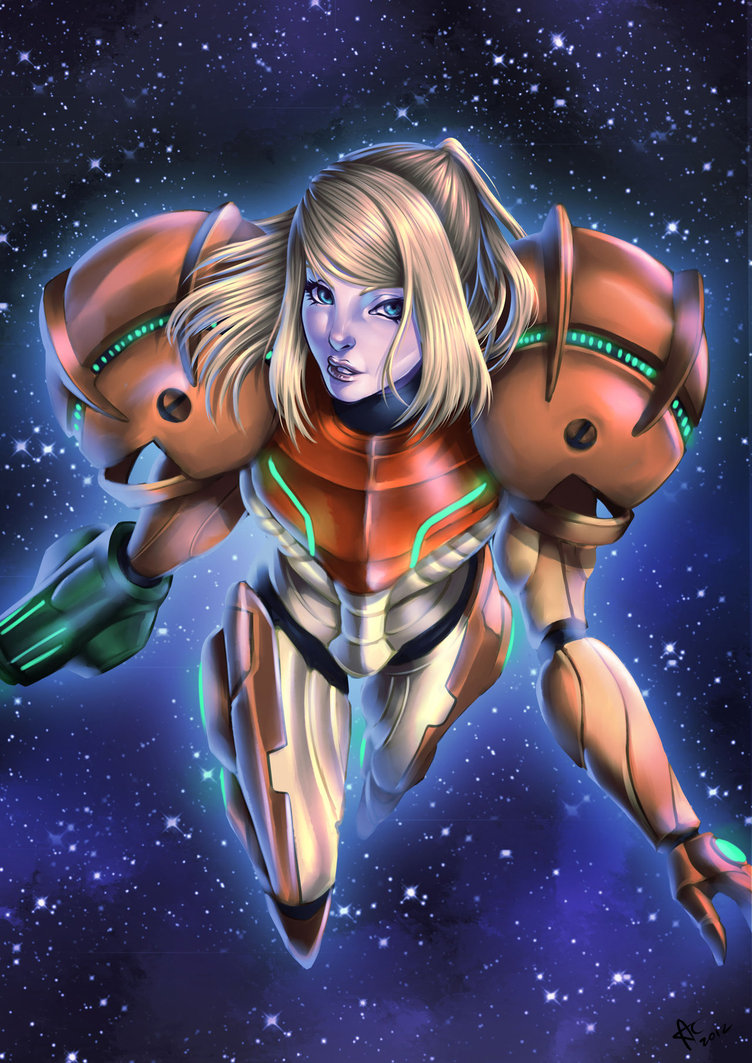 1girl, alan_campos, arm_cannon, blonde_hair, blue_eyes, lips, long_hair, metroid