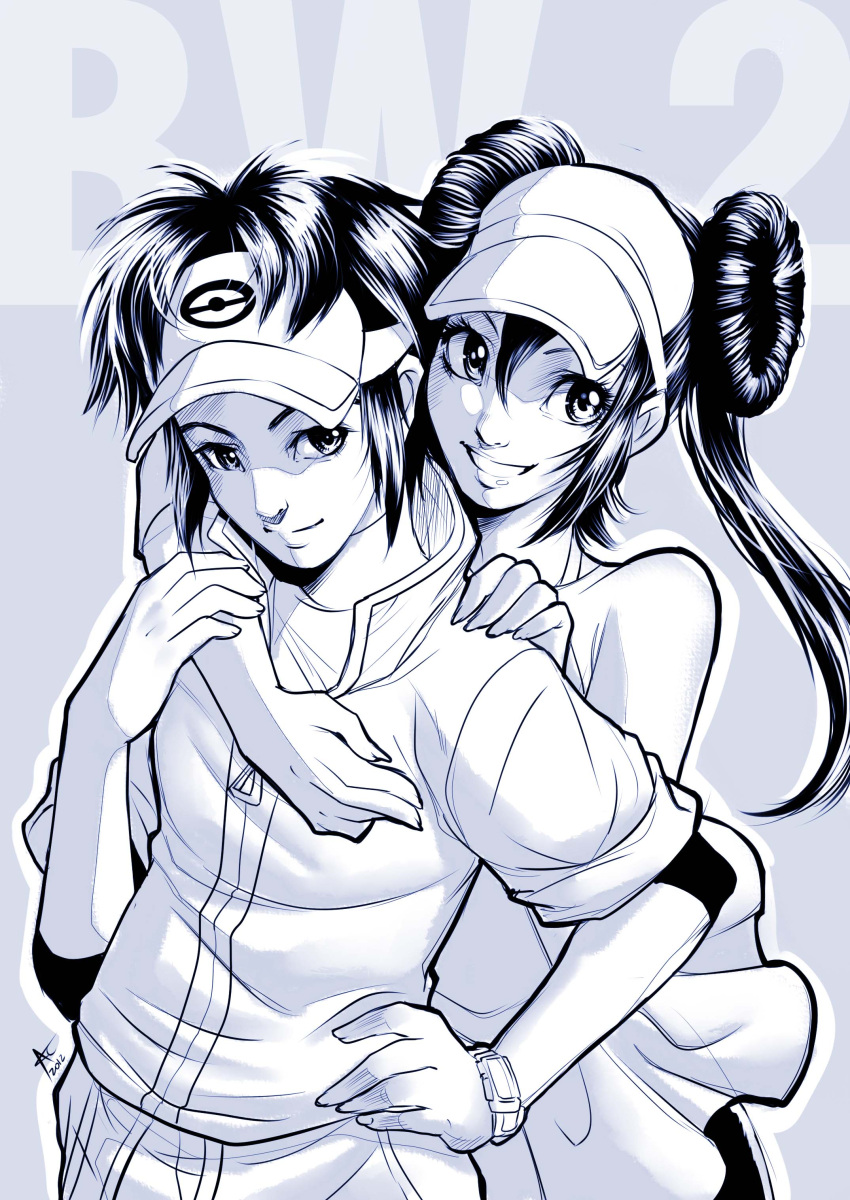 1boy, 1girl, absurdres, alan_campos, double_bun, highres, hug, hug_from_behind, kyouhei_(pokemon), lips, long_hair, mei_(pokemon), monochrome, pokemon, pokemon_(game), pokemon_bw2, signature, smile, twintails, visor_cap, watch, watch