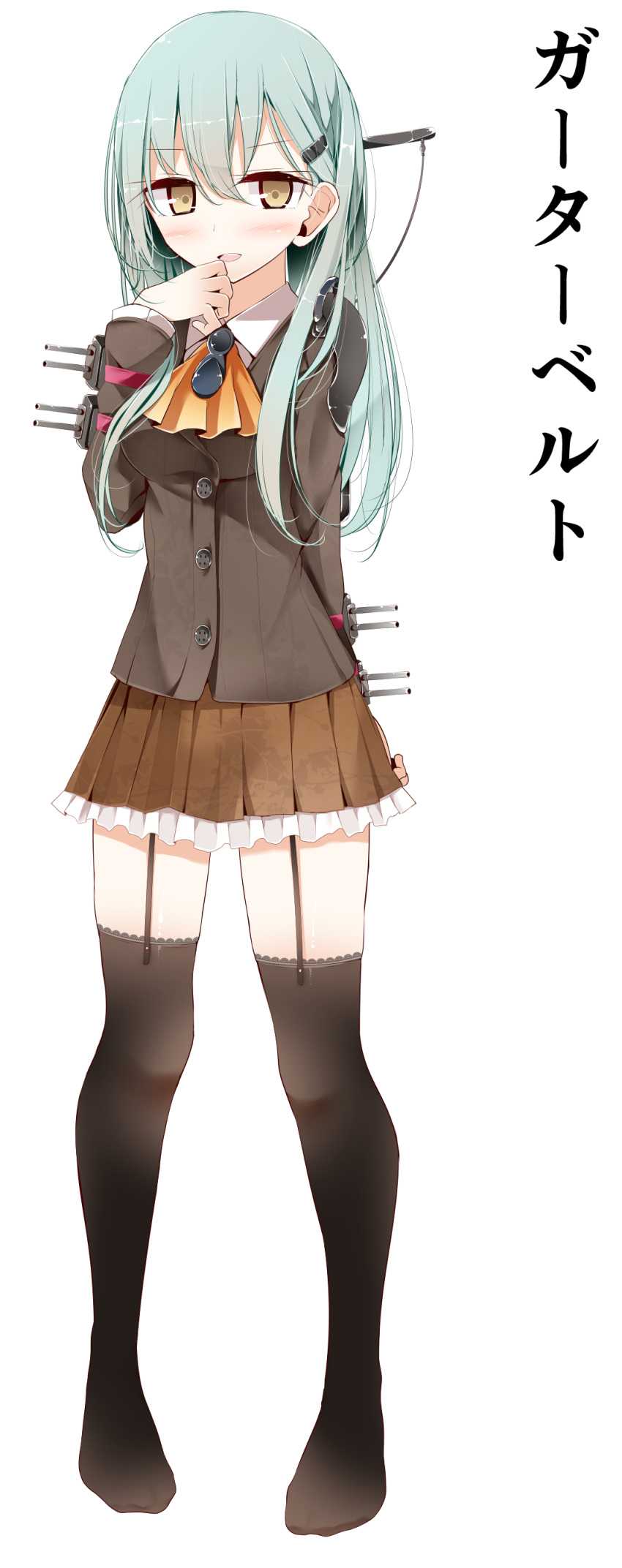 1girl, absurdres, aqua_hair, arm_behind_back, blush, breasts, brown_eyes, garter_straps