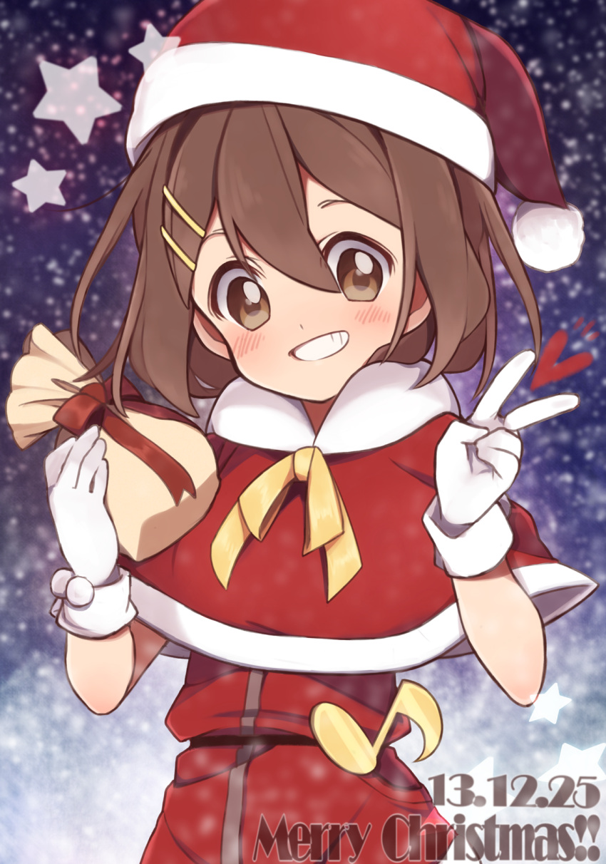 1girl, brown_eyes, brown_hair, christmas, gloves, grin, hat, highres