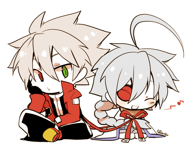 1boy, 1girl, ahoge, blazblue, bodysuit, cape, chibi, eyepatch, heterochromia, kuro_yuzu, nu-13, ragna_the_bloodedge, ribbon, silver_hair