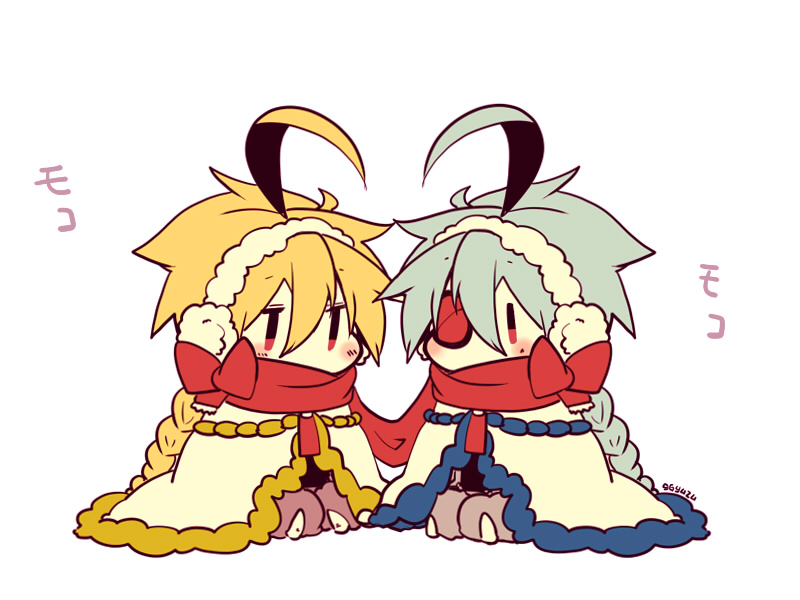 2girls, ahoge, blazblue, blonde_hair, cape, chibi, earmuffs, eyepatch