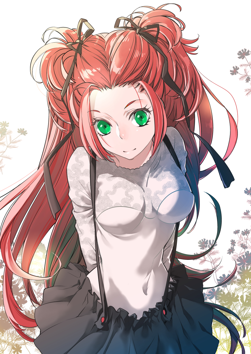 1girl, forehead, green_eyes, hair_ribbon, highres, long_hair, navel, original, redhead, ribbon, silversnow, skirt, smile, solo, suspenders