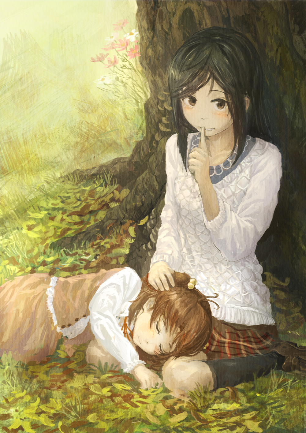 2girls, black_hair, brown_eyes, brown_hair, closed_eyes, finger_to_mouth, hair_bobbles, hair_ornament
