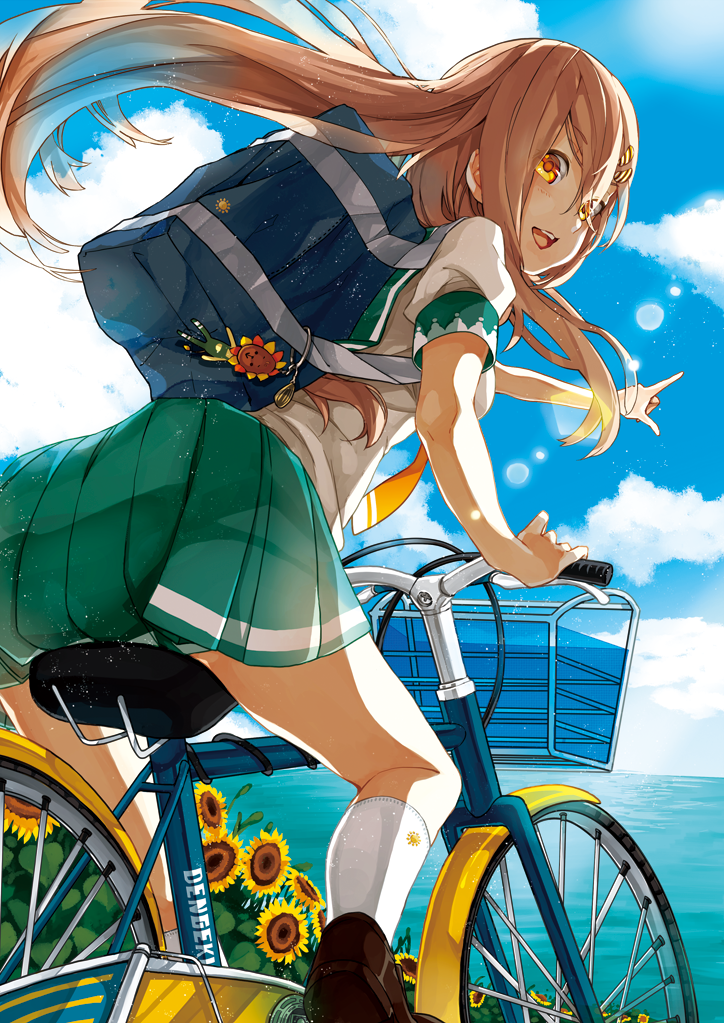 1girl, 44sann, :d, bag, bicycle, brown_hair, clouds, flower