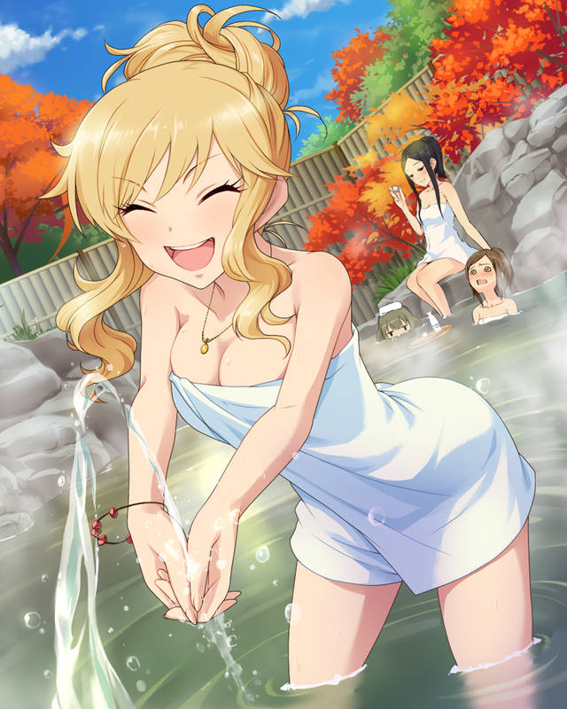 4girls, @_@, alcohol, blush, border, bottle, bracelet, breasts, cleavage, closed_eyes, cup, drunk, dutch_angle, fence, flat_gaze, hair_up, hands_together, hiiragi_shino, holding, idolmaster, idolmaster_cinderella_girls, jewelry, large_breasts, momoi_azuki, multiple_girls, naked_towel, necklace, official_art, onsen, ootsuki_yui, open_mouth, outdoors, partially_submerged, pendant, ponytail, rock, sake, sake_bottle, sitting, sky, smile, squirting, standing, steam, takagaki_kaede, towel, towel_on_head, tree, water