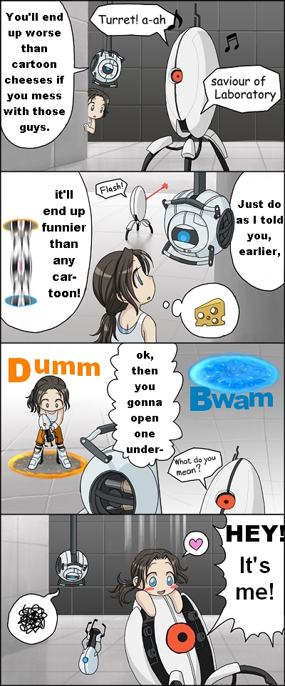 4koma, chell, comic, flash_gordon, hard_translated, heart, musical_note, portal_2, queen_(band), swiss_cheese, translated, turret_(portal), uotapo, wheatley, younger