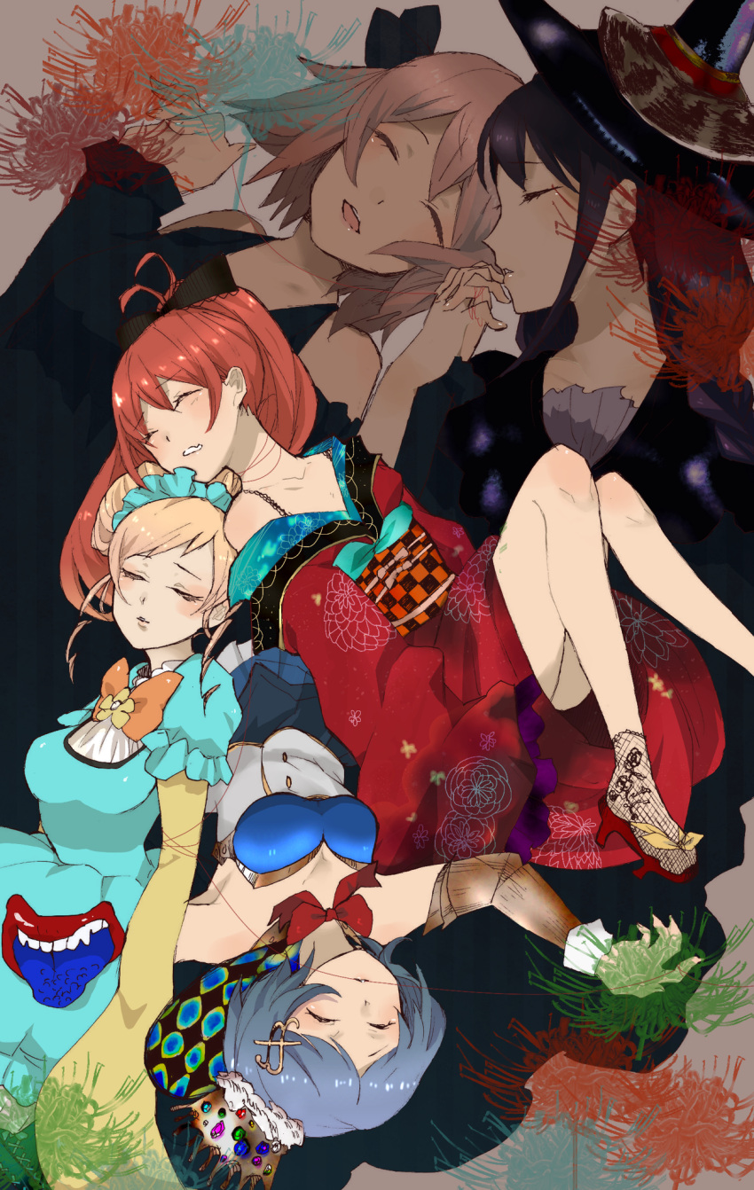 5girls, akemi_homura, blonde_hair, blue_hair, blush, candeloro, candeloro_(cosplay), closed_eyes