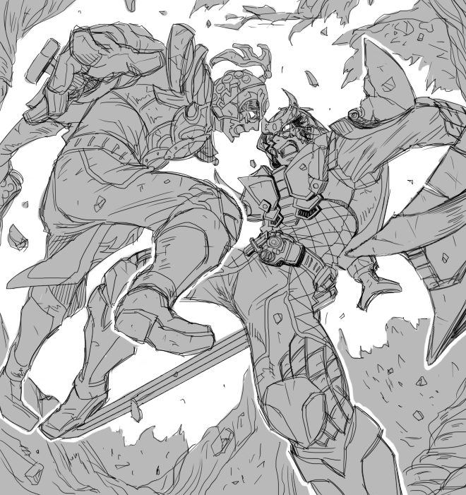 2boys, armor, belt, boots, brothers, gun, helmet, kakashi_(scarecrow), kamen_rider, kamen_rider_gaim_(series), kamen_rider_ryugen, kamen_rider_zangetsu, kureshima_mitsuzane, kureshima_takatora, male, monochrome, multiple_boys, shield, siblings, sword, weapon