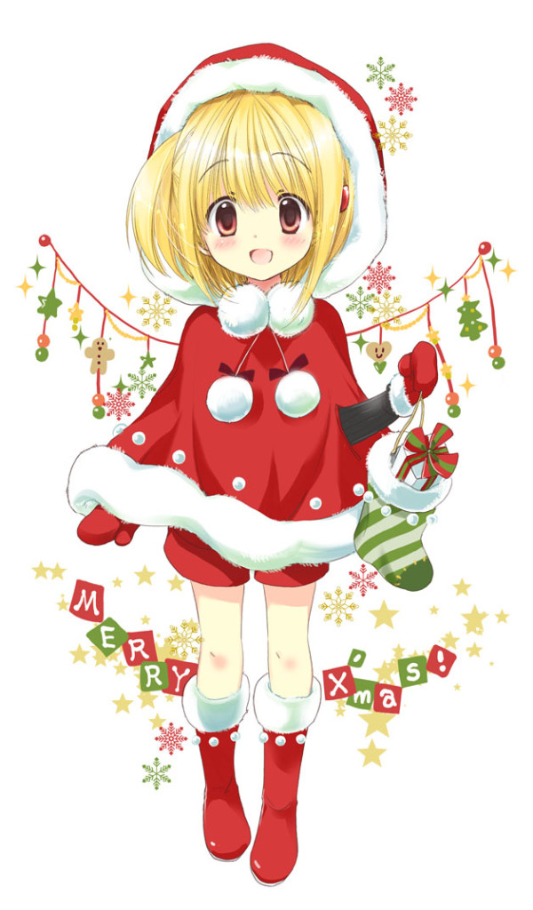 1girl, blonde_hair, christmas, christmas_ornaments, christmas_stocking, christmas_tree, hibiki, hibiki_no_mahou, izumi_rei, merry_christmas, red_eyes, santa_costume, side_ponytail, snowflakes, solo, tagme