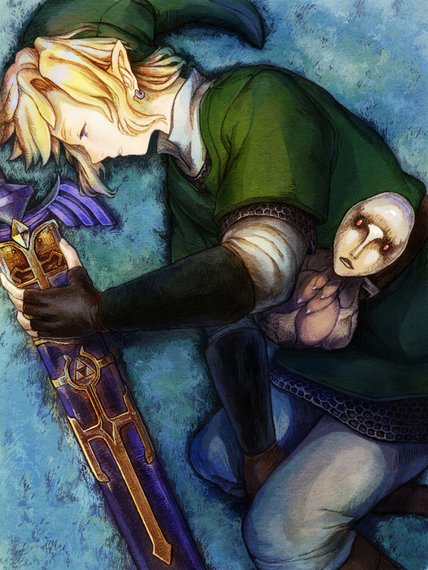 1boy, blonde_hair, blue_eyes, earrings, gloves, hat, jewelry, link