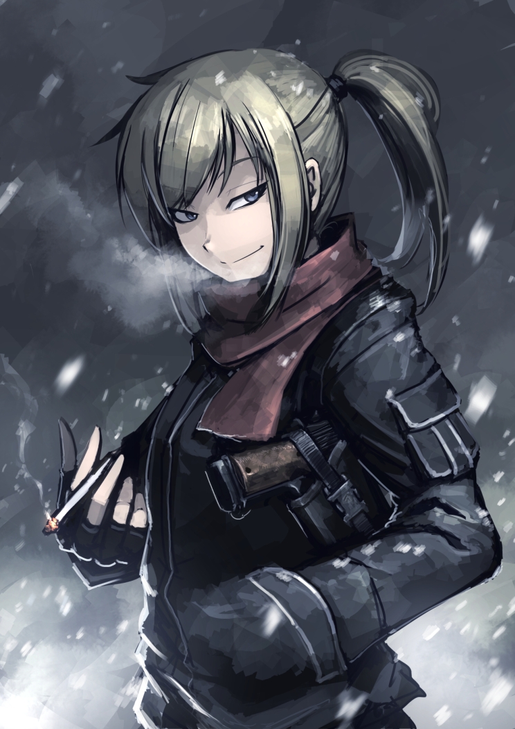 1girl, blonde_hair, blue_eyes, breath, cigarette, fingerless_gloves, gloves, gun