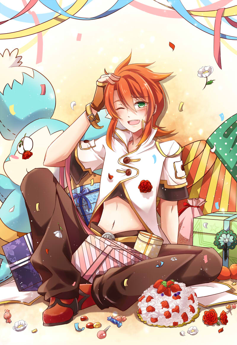 1boy, ahoge, blush, cake, candy, character_doll, fingerless_gloves, flower, food, fruit, gift, gloves, green_eyes, hand_on_head, jacket, kabocha_(2547030), lollipop, luke_fon_fabre, male, midriff, mieu, pants, red_rose, redhead, rose, shoes, sitting, smile, solo, strawberry, tales_of_(series), tales_of_the_abyss, wink