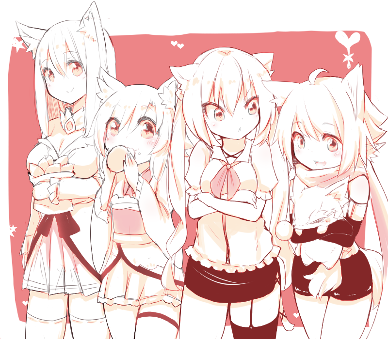 4girls, akane_(naomi), animal_ears, aoi_(naomi), cat_ears, cat_tail, food, fox_ears