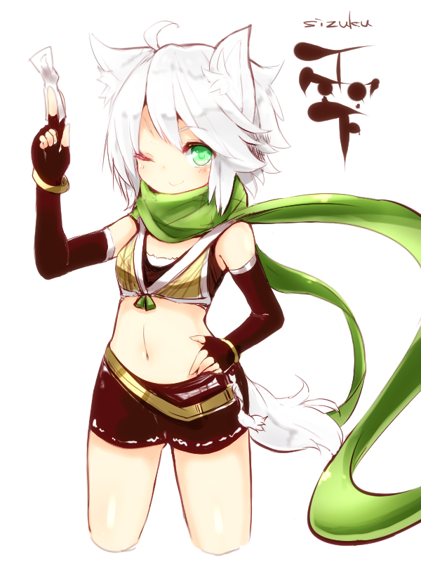1girl, animal_ears, elbow_gloves, fingerless_gloves, gloves, green_eyes, midriff, naomi_(sekai_no_hate_no_kissaten), navel, original, shizuku_(naomi), short_hair, shorts, solo, tail, white_hair, wink