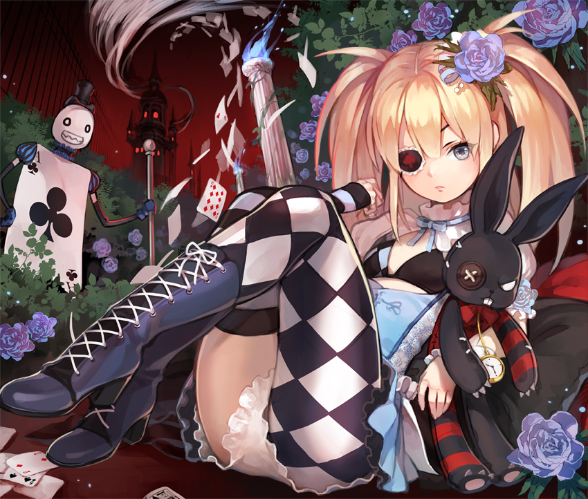 1girl, alice_in_wonderland, argyle, argyle_legwear, black_bra, blonde_hair, blue_eyes, blue_rose