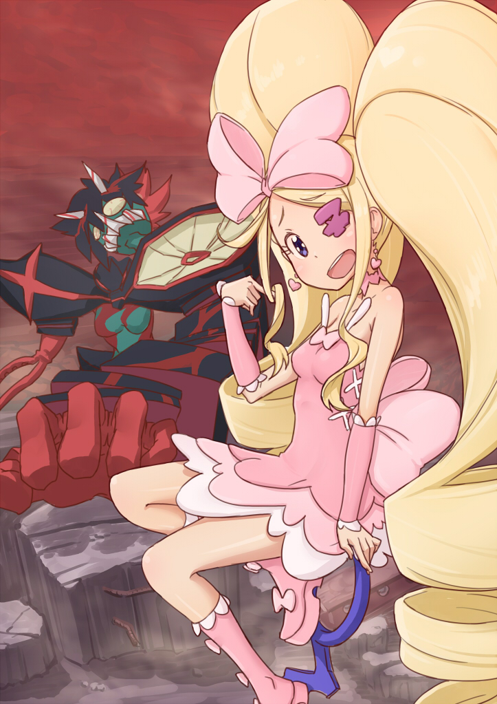1girl, :o, berserk_ryuuko, black_hair, blonde_hair, blue_eyes, boots, bow