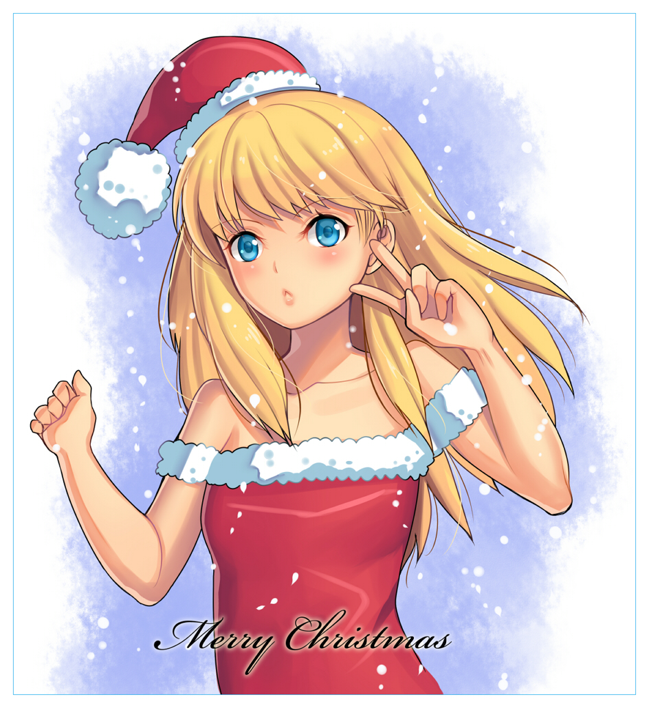 1girl, bare_shoulders, blonde_hair, blue_background, blue_eyes, christmas, collarbone, expressionless, hat, long_hair, merry_christmas, moda_(one_piece), one_piece, santa_hat, shoulderless_dress, snow, solo, v, yumiyokiak