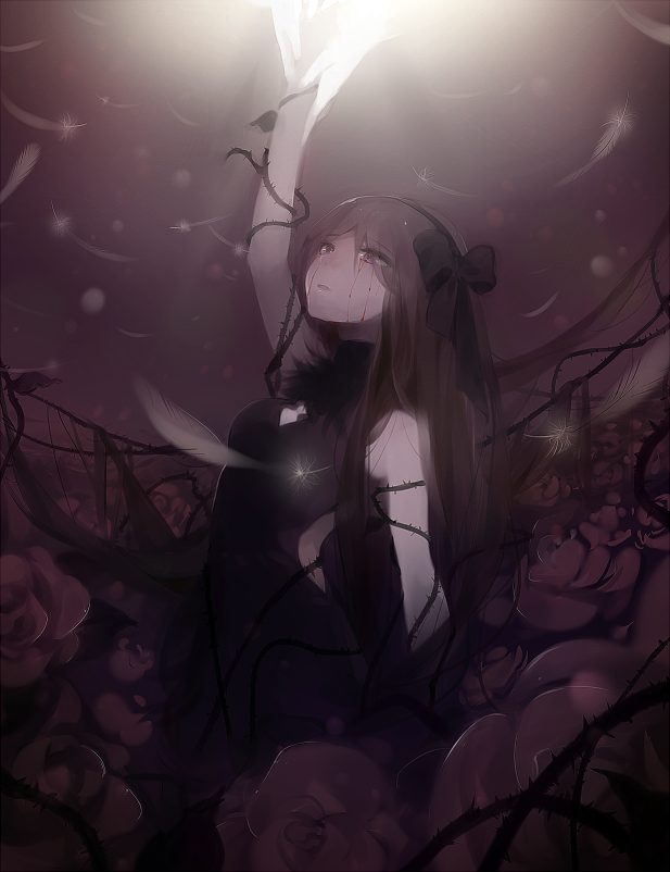 1girl, akemi_homura, akuma_homura, black_hair, blood, bloody_tears, bow, feathers