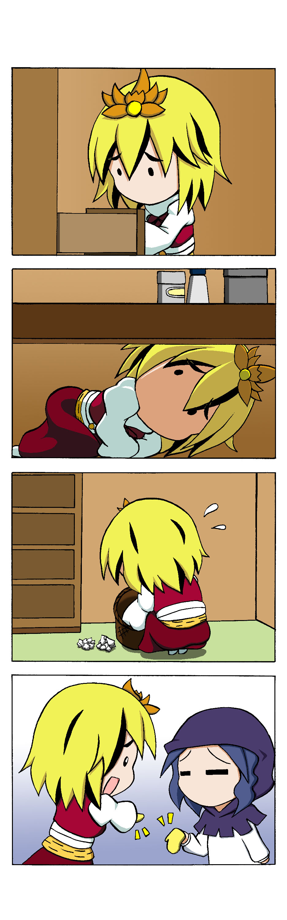 2girls, 4koma, absurdres, black_hair, blonde_hair, blue_hair, chibi, closed_eyes