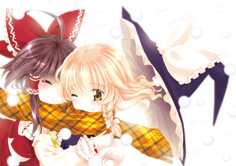 2girls, blush, bow, braid, brown_hair, hair_bow, hair_tubes, hakurei_reimu