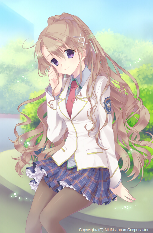 hair_ornament, hairclip, long_hair, necktie, pantyhose, plaid, purple_eyes, sakujo