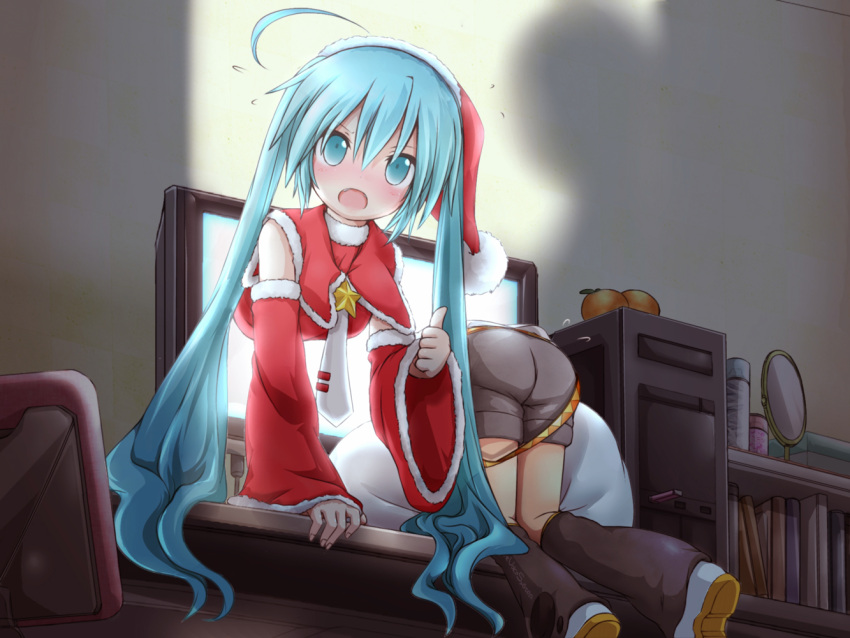 2girls, ahoge, akino_coto, aqua_eyes, aqua_hair, blush, caught, christmas
