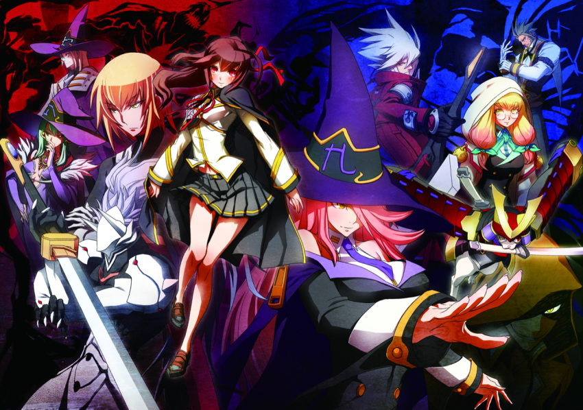 4girls, 6+boys, blazblue, blazblue_phase_0, blonde_hair, bloodedge, cape, celica_a_mercury