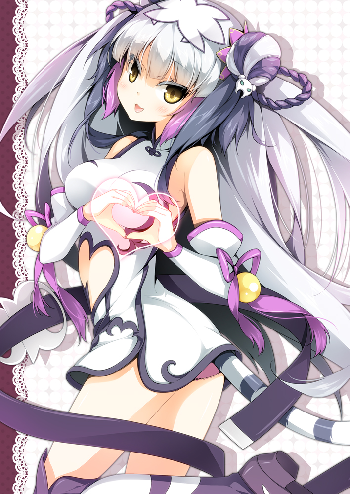 1girl, bare_shoulders, black_hair, breasts, china_dress, chinese_clothes, detached_sleeves, double_bun