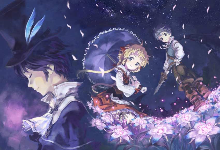 1girl, 2boys, allegretto, blonde_hair, blue_eyes, boots, capelet, closed_eyes