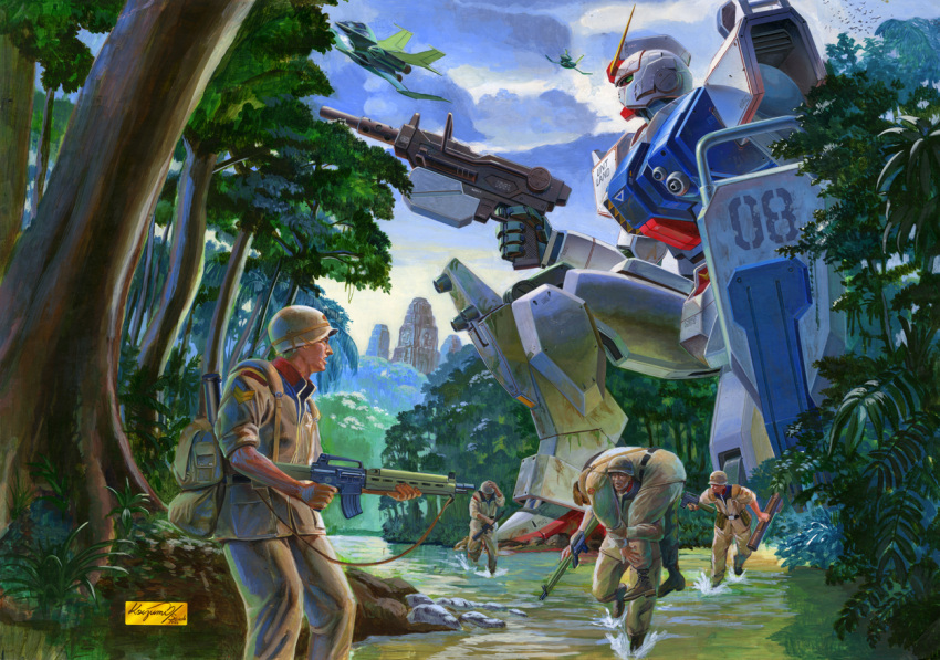 5boys, acrylic_paint_(medium), airbrush_(medium), airplane, artist_name, assault_rifle, backpack, bag, clouds, fireman's_carry, flying, gun, gundam, gundam_08th_ms_team, helmet, injury, jungle, koizumi_kazuaki_production, m16, mecha, military, military_uniform, multiple_boys, nature, rifle, river, ruins, sky, soldier, traditional_media, tree, uniform, war, weapon
