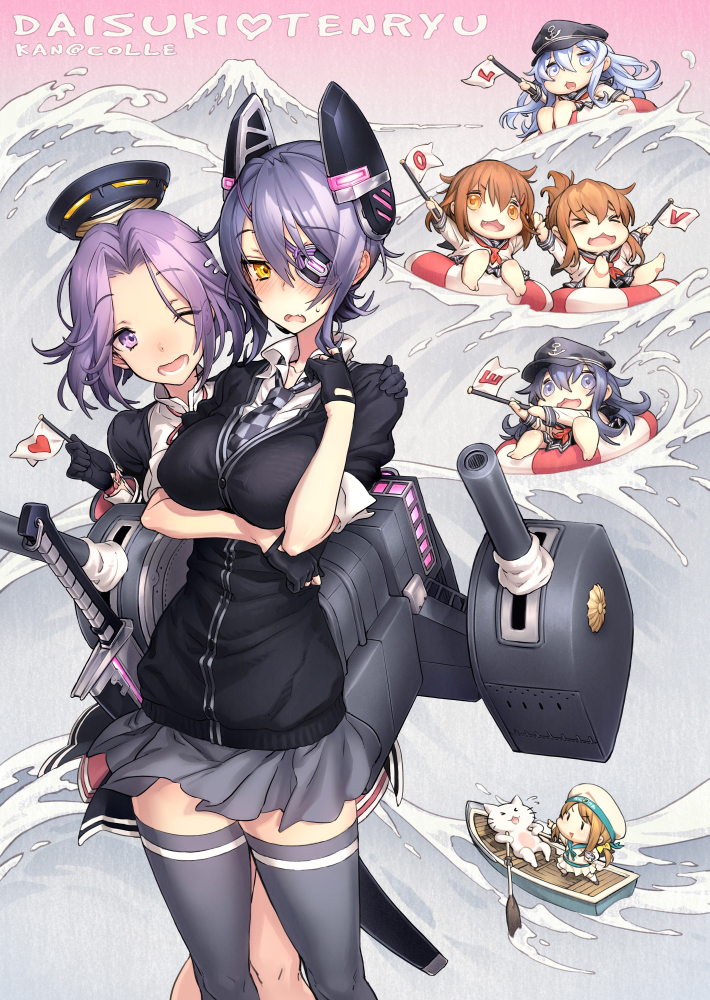 6+girls, akatsuki_(kantai_collection), blue_hair, boat, brown_hair, cat, error_musume, eyepatch, fingerless_gloves, flag, girl_holding_a_cat_(kantai_collection), gloves, hair_ornament, hat, hibiki_(kantai_collection), ikazuchi_(kantai_collection), inazuma_(kantai_collection), kantai_collection, multiple_girls, purple_hair, qni, skirt, sweater, tatsuta_(kantai_collection), tenryuu_(kantai_collection), thighhighs, violet_eyes, wink, yellow_eyes