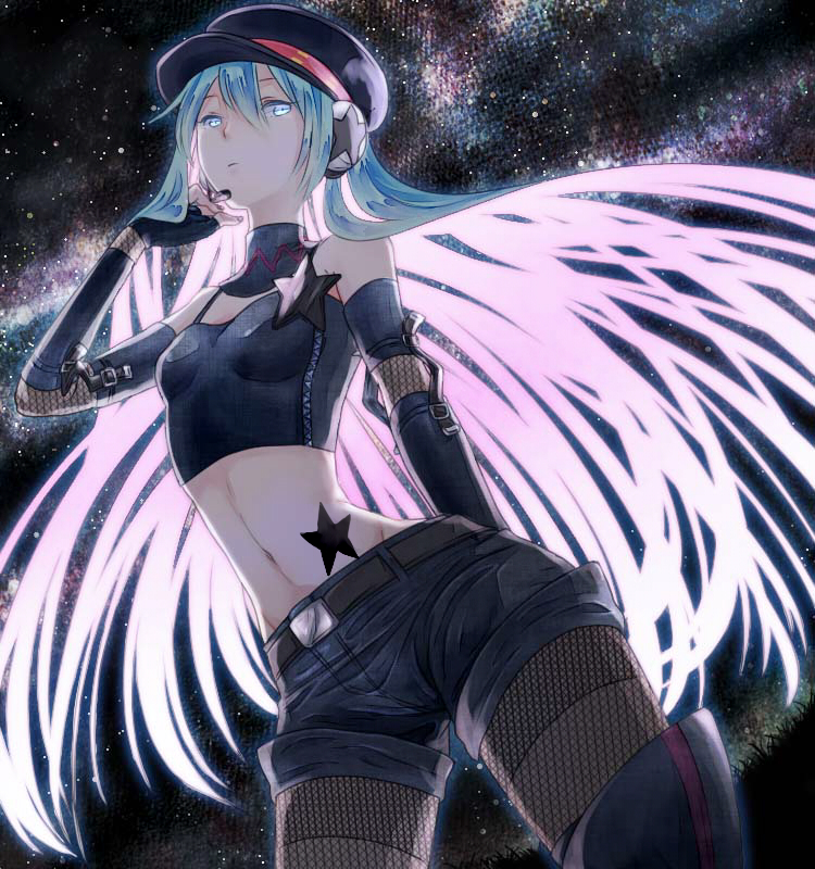 1girl, aqua_eyes, aqua_hair, belt, boots, elbow_gloves, fingerless_gloves, fishnet_pantyhose