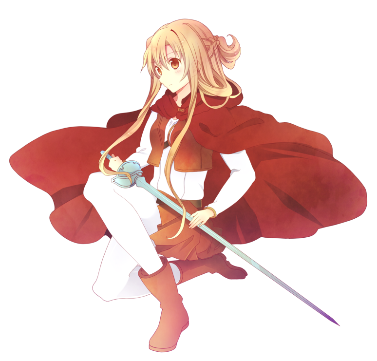1girl, asuna_(sao), belt, boots, brown_eyes, brown_hair, hanahubuki1991, hood